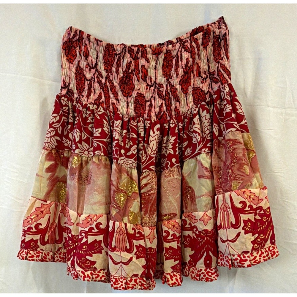 Karma Highway Boho Mini Skirt Paisley Tiered Gold Red OS Festival 90s Y2K NWT